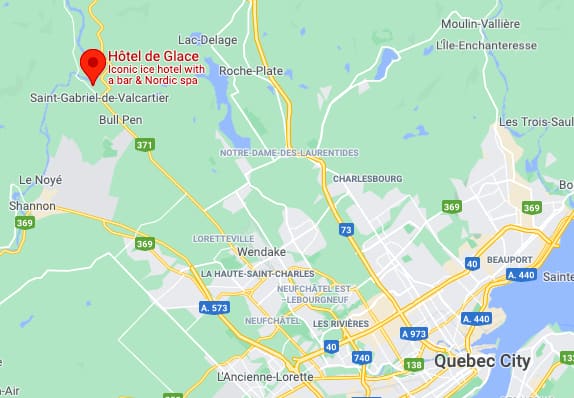map of the location of the Quebec Ice Hotel